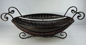 Basket Mediterranean Style Woven Dark Wicker With Iron Frame , Feet & Handles - Picture 1 of 16