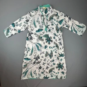 Dolma India Tunic Dress M White Green Floral Crinkle Cotton Tassel Boho - Picture 1 of 8