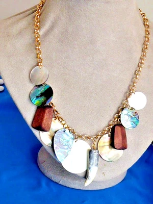 VINTAGE PARK LANE ABALONE SHELL  & WOOD NECKLACE WITH TAGS 21" NECKLACE - Image 1 of 4