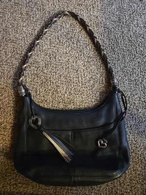 Brighton Barbados Hobo Shoulder Bag Black Pebbled Leather Braided Handle Charms - Image 1 of 4