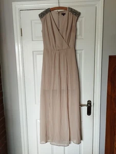 Ladies beige long evening dress with silver bead trim Size 8 River Island - Picture 1 of 3