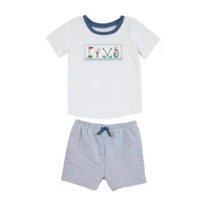 Mud Pie Junior Pro Shop Golf gesmockt blau Seersucker Shorts Set 12-18M 2T-3T - Bild 1 von 1