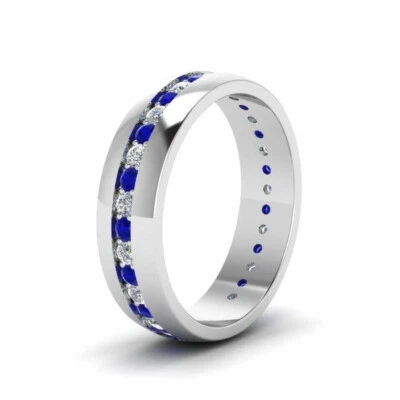 Full Eternity Men's Wedding Band 14K White Gold Finish 1.1Ct Round Blue Diamond - Image 1 of 4