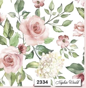 (2334) TWO Individual Paper LUNCHEON Decoupage Napkins PINK ROSES WHT HYDRANGEA - Picture 1 of 3