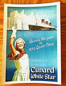 Tarjeta publicitaria CUNARD WHITE STAR America este año por RMS QUEEN MARY Mumbles Rail - Imagen 1 de 2