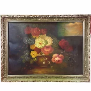 quadro dipinto a olio su tela natura morta fiori con cornice stile antico 900 XX - Foto 1 di 14