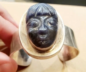 Incredible Carved Blue Aztec Face MCR Eagle 2 Mark Mexico Sterling Cuff Bracelet - Picture 1 of 7