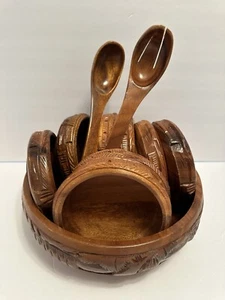 Vintage MCM Wooden Salad Bowl Set With Serving Utensils & 8 Bowls BEAUTIFUL - Picture 1 of 9
