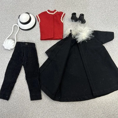 Abrigo oscilante negro Barbie vintage, blusa roja, pantalones de pana, zapatos, bolso, SIN MUÑECA Foto 1 de 4