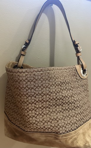 Borsa a tracolla grande Coach Signature C '07 cammello scamosciato jacquard