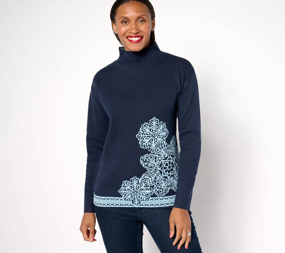 Suéter Denim & Co. Jacquard Cuello Embudo Copo de Nieve Azul Marino XXS Nuevo Foto 1 de 1