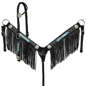 Showman Black & Turquoise Nylon Headstall & Breast Collar Set w/ Fringe - Picture 1 of 3