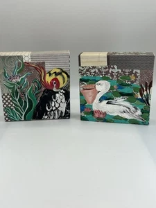 "Juego de 2 pinturas decoupage de aves de arte de estudio firmadas fechadas 6x6"" playa tropical" - Imagen 1 de 9