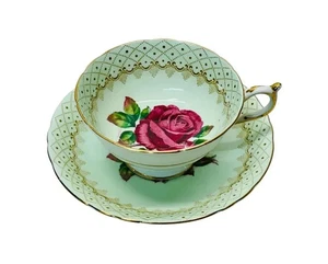 Rare Paragon R Johnson Largest Red Floating Cabbage Rose Green Teacup & Saucer - Picture 1 of 10