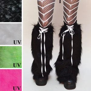 Fur Leg Warmers Black Flared Boot Covers Corset Legwarmers Halloween Lace Up OS - Picture 1 of 3