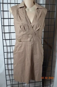 ANN TAYLOR Beige Silky Collared Sleeveless  Side Buckle Dress  2 - Picture 1 of 7