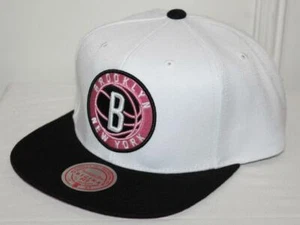 Mitchell & Ness BROOKLYN NETS Snapback Hat WHITE Cap PINK LOGO BOTTOMS UP *6S - Picture 1 of 5