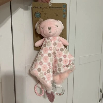 NEW Dream Gro Lovey Activity Blanket Pink Bear Floral Plush Fleece Teether Toy - Image 1 of 4