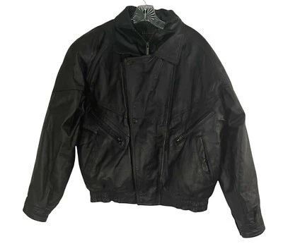 Mens Black Leather Bomber Jacket Sz S Vintage Phase Two Motorcycle Coat Biker - Image 1 of 4