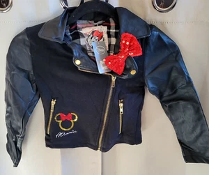 Disney Girls Moto Jacket Size 5/6 Minnie Mouse Black Full Zip Sequin Bow 17379 - Picture 1 of 14