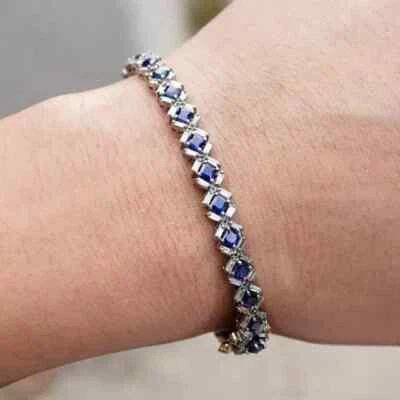 Теннисный браслет 8 карат Princess Cut Lab Created синий сапфир покрытие белым золотом 14 карат - Изображение 1 из 3