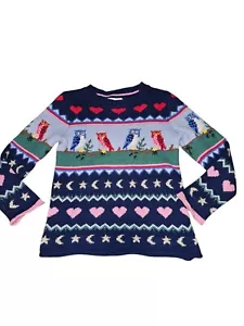 Mini Boden Owl Fair Isle Sweater 5/6 years blue pink red hearts metallic star - Picture 1 of 7