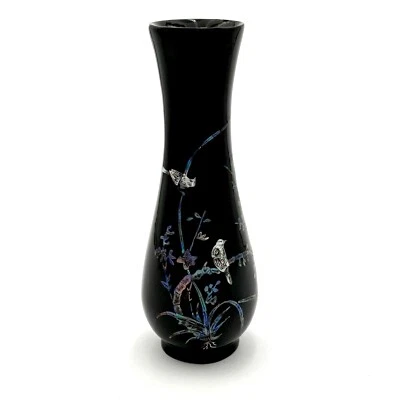 Jarrón de madera madreperla vintage laca abulón incrustaciones pájaros floral firmado Foto 1 de 4