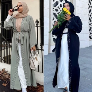 Moda Mujeres Cuentas Dubai Vestido Abierto Musulmán Abaya Kimono Cárdigan Bata Caftán - Imagen 1 de 26