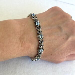 Sterling Silver 925 HAN THAI Oval Blue Topaz Marcasite Floral Link Bracelet 7.5"