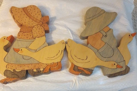 Little Girl In Bonnet W/ Goose 2 Handmade Wooden Signed Hanging Wall Decor Vtg Cover