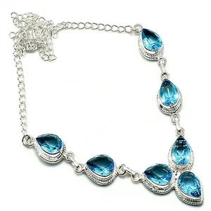 Swiss Blue Topaz Gemstone Handmade 925 Sterling Silver Jewelry Necklaces Sz 18" - Picture 1 of 1