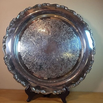 "Bandeja redonda para servir vintage ONEIDA EE. UU. diseño ornamentado plateado 15""" Foto 1 de 4