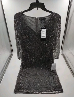 TOTALMENTE NUEVO Vestido de Cóctel Pisarro Nights Cuentas Cuello en V - Ceniza - Talla 8 (#A3-B8) Foto 1 de 4