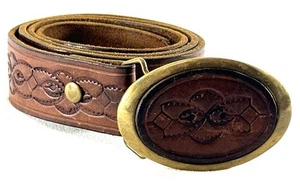 Cinturón de cuero genuino vintage impreso con hebillas de barón hebilla de latón - Imagen 1 de 6