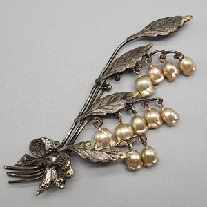 Vtg Lily of the Valley Brooch Molded Flower Pearl Dangles Silver Tone Large READ - Picture 1 of 10