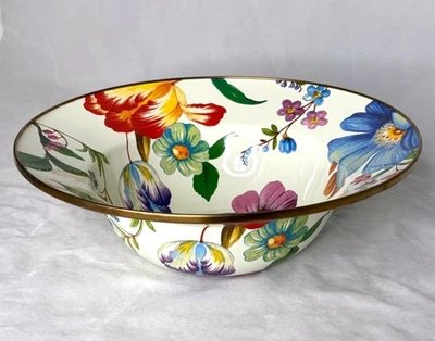 $99 MacKenzie-Childs  White Flower Market  Wide Rim Serving Bowl Floral Enamel - Image 1 of 4