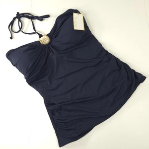 NWD MICHAEL KORS SHIRRED BANDINI NAVY BLUE SWIM TOP WOMEN'S SIZE LARGE *STAINED* - Picture 1 of 24