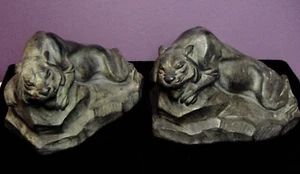 ANTIQUE  BRONZE Big Cats Lion or Tiger SIGNED S. MORANI BOOKENDS FIGURAL - Picture 1 of 15