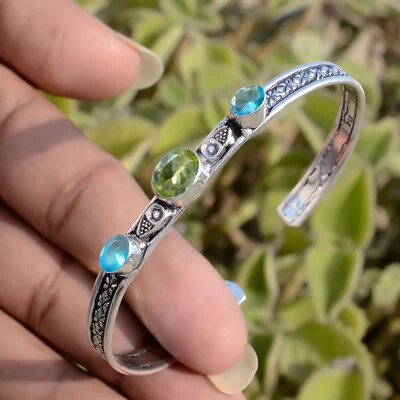 Green Peridot Cut, Blue Topaz Gemstone Bracelet 925 Sterling Silver Cuff Jewelry - Image 1 of 4