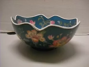 Vintage Dynasty Bowl HEYGILL H.F.P. MACAU Teal Green Pink Flowers Centerpiece - Picture 1 of 11