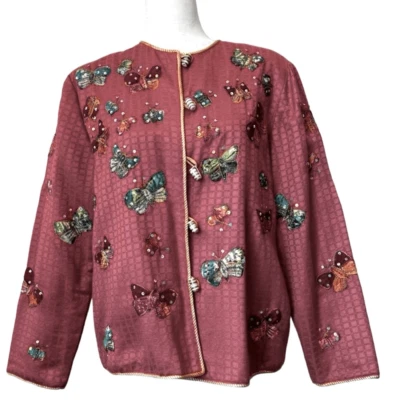 Alex Kim Pink Embroidered Jacket Butterfly Toggle Art Deco Cotton Pink SZ PM - Image 1 of 4