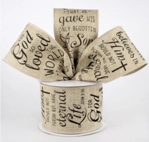 Lienzo beige escritura cristiana religiosa Juan 3:16 con cable cinta de 2,5" por yarda - Imagen 1 de 2