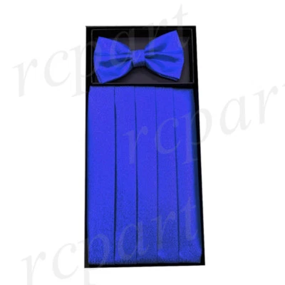 NUEVO en caja 100% poliéster brillo cummerbund y pajarita conjunto boda azul real Foto 1 de 4