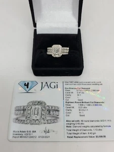 One 14KT White Gold Emerald Cut & Round Halo Style 3Pc. Wedding Set Size 6.5  - Picture 1 of 11