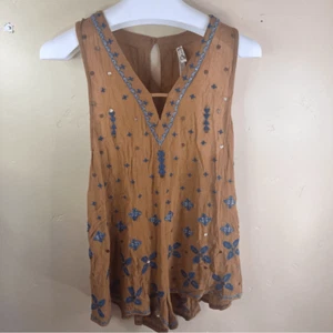 Vintage Free People Boho Embroidered Mustard Blue Romper Jumper Size XS Festival - Picture 1 of 6
