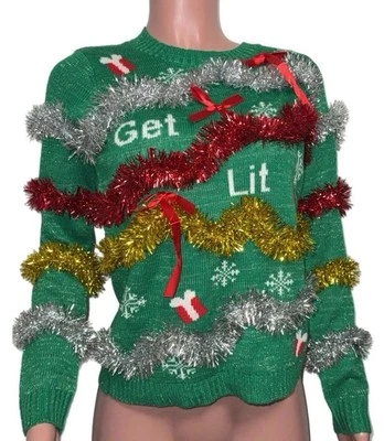 Suéter de Navidad Get Lit Ugly Tacky Nuevo Arcos Flecos Gráfico Copos de Nieve Nuevo con Etiquetas M Foto 1 de 3