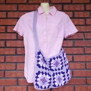 Crochet Shoulder Bag Handmade Purple Granny Square Tote 14.5 x 9.5 Lined Pocket - Picture 1 of 9