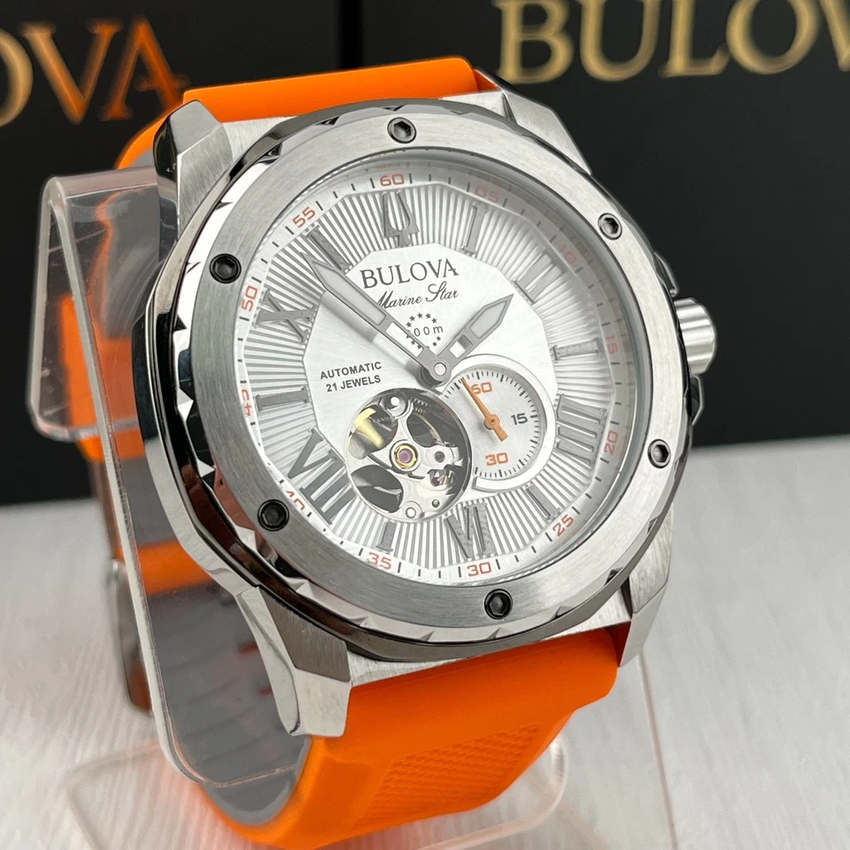 Bulova Marine Star 45mm Whit Dial Silver Case Orange/Grey Silicone Strap 98A226 - Image 1 of 4