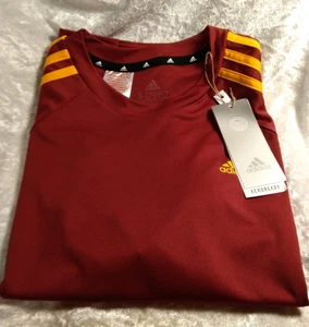 Adidas Sereno Junior 3 Stripes Tee 11-12yrs Burg/Gold Aeroready Sports Top New - Picture 1 of 12