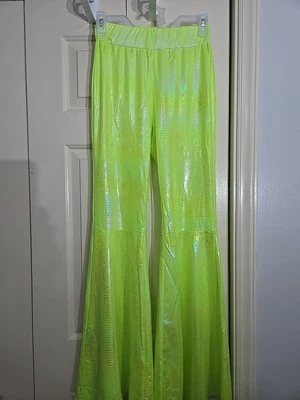 Shiny Green Flared Pants Unisex Sz S Bell-bottoms 18" Costume Fancy Fun Party - Image 1 of 4